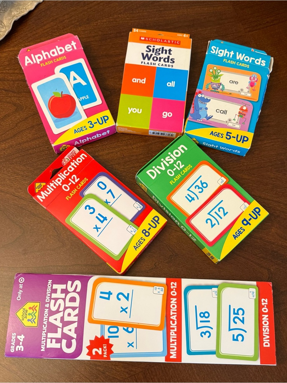 Flash Cards Bundle: Alphabet, Sight Words, Multiplication, Division - Lot of 5